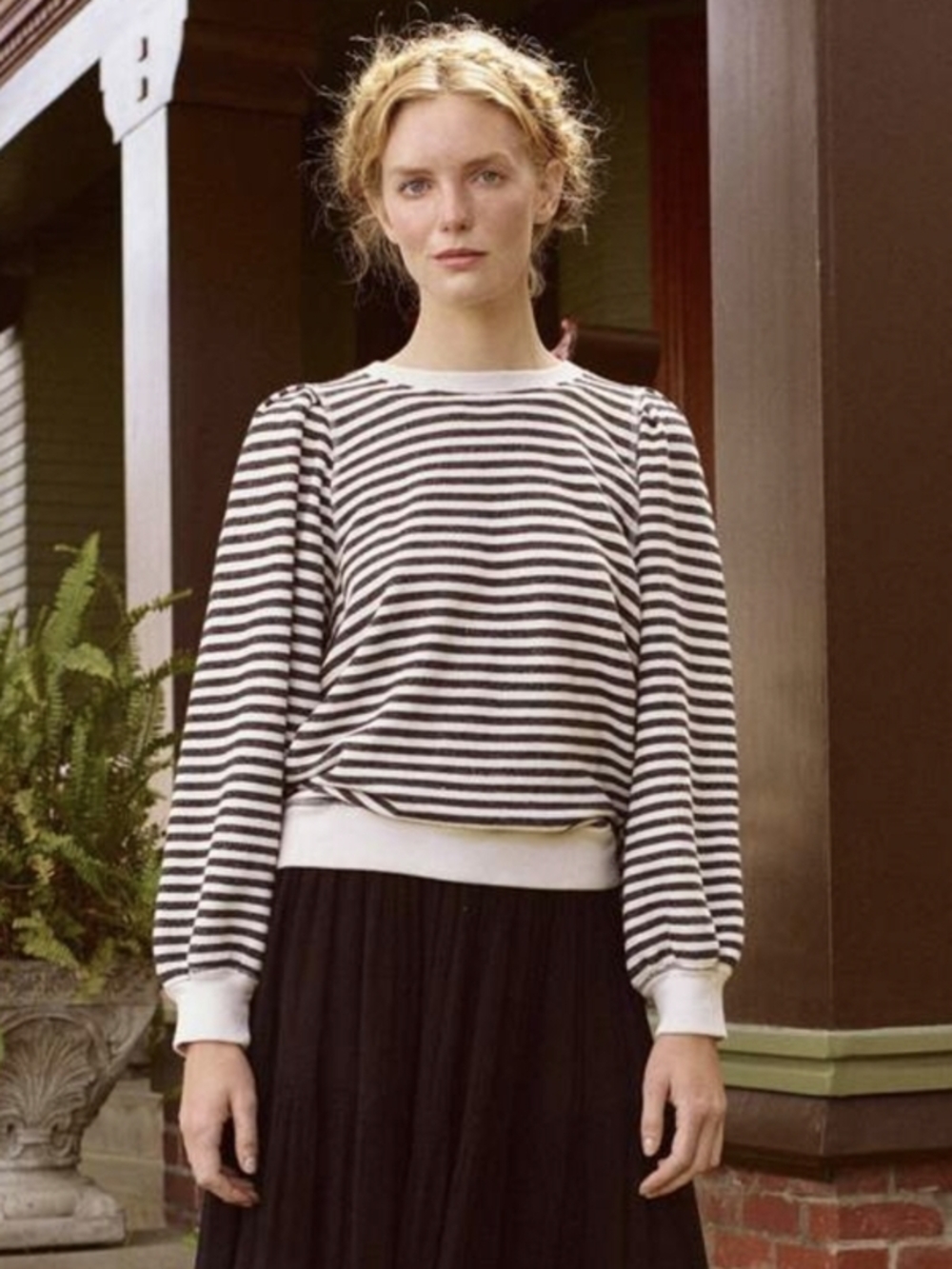 THE GREAT. Black and White/ Cream Striped Crewneck Sweater - Picture 3 of 7